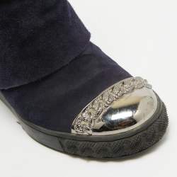 Pre Owned Casadei Navy Blue Suede Embellished Metal Cap Toe Fold-Over Wedge Sneakers Size 38