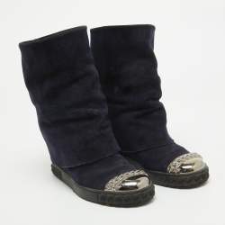 Pre Owned Casadei Navy Blue Suede Embellished Metal Cap Toe Fold-Over Wedge Sneakers Size 38