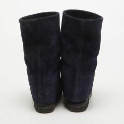 Pre Owned Casadei Navy Blue Suede Embellished Metal Cap Toe Fold-Over Wedge Sneakers Size 38