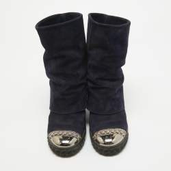 Pre Owned Casadei Navy Blue Suede Embellished Metal Cap Toe Fold-Over Wedge Sneakers Size 38