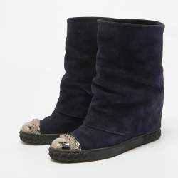 Pre Owned Casadei Navy Blue Suede Embellished Metal Cap Toe Fold-Over Wedge Sneakers Size 38