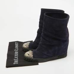 Pre Owned Casadei Navy Blue Suede Embellished Metal Cap Toe Fold-Over Wedge Sneakers Size 38