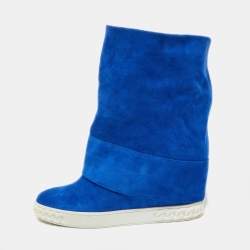 Pre Owned Casadei Blue Suede Wedge Mid Calf Boots Size 40