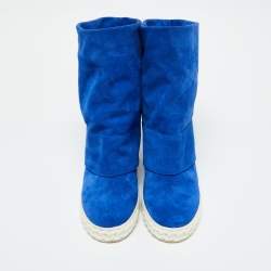 Pre Owned Casadei Blue Suede Wedge Mid Calf Boots Size 40