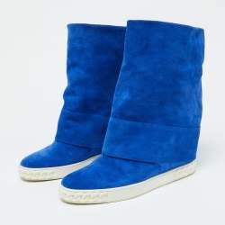 Pre Owned Casadei Blue Suede Wedge Mid Calf Boots Size 40