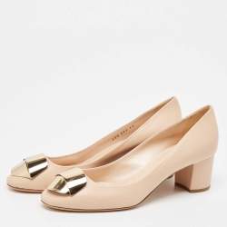 Pre Owned Casadei Beige Leather Block Heel Pumps Size 37