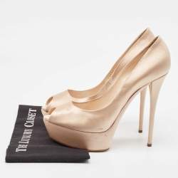 Pre Owned Casadei Beige Satin Platform Peep Toe Pumps Size 41