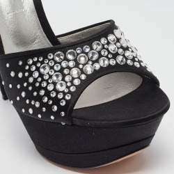 Casadei Black Satin Crystal Embellished Slide Sandals Size 39.5