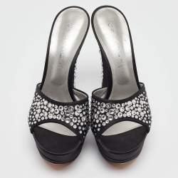 Casadei Black Satin Crystal Embellished Slide Sandals Size 39.5