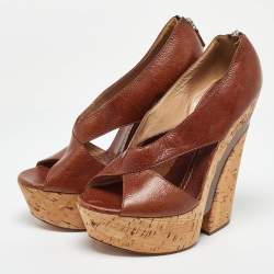 Pre Owned Casadei Brown Leather Wedge Sandals Size 40