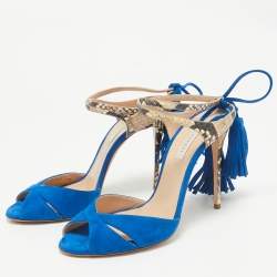 Casadei Blue Python Embossed Leather and Suede Tassel Ankle Strap Sandals Size 39.5