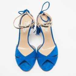 Casadei Blue Python Embossed Leather and Suede Tassel Ankle Strap Sandals Size 39.5