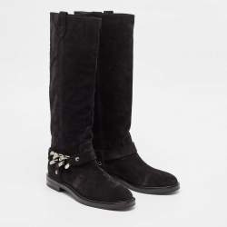 Casadei Black Suede Chain Detail Knee Length Boots Size 39