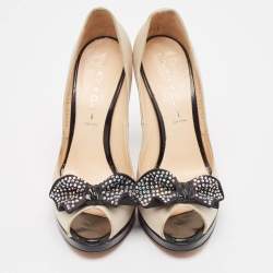 Casadei Beige/Black Satin Crystal Bow Peep Toe Pumps Size 39