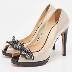 Casadei Beige/Black Satin Crystal Bow Peep Toe Pumps Size 39