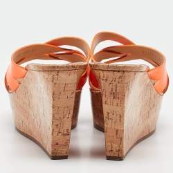 Casadei Orange Patent Leather Cork Platform Wedge Slide Sandals Size 41