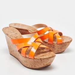 Casadei Orange Patent Leather Cork Platform Wedge Slide Sandals Size 41
