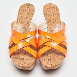 Casadei Orange Patent Leather Cork Platform Wedge Slide Sandals Size 41