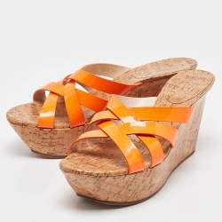 Casadei Orange Patent Leather Cork Platform Wedge Slide Sandals Size 41