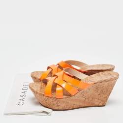 Casadei Orange Patent Leather Cork Platform Wedge Slide Sandals Size 41