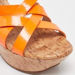 Casadei Orange Patent Leather Cork Platform Wedge Slide Sandals Size 41