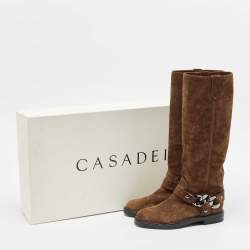 Casadei Brown Suede Chain Detail Knee Length Boots Size 36