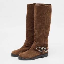 Casadei Brown Suede Chain Detail Knee Length Boots Size 36