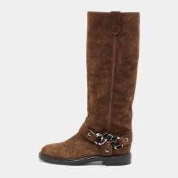 Casadei Brown Suede Chain Detail Knee Length Boots Size 36