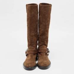 Casadei Brown Suede Chain Detail Knee Length Boots Size 36