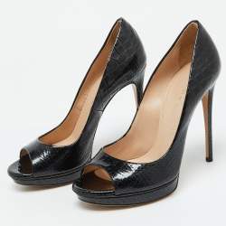 Pre Owned Casadei Black Croc Embossed Leather Open Toe Pumps Size 36.5