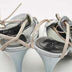 Casadei Grey Satin Floral Ankle Tie Up Sandals Size 38