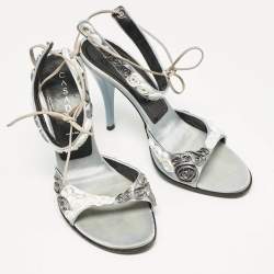 Casadei Grey Satin Floral Ankle Tie Up Sandals Size 38