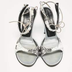 Casadei Grey Satin Floral Ankle Tie Up Sandals Size 38