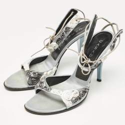 Casadei Grey Satin Floral Ankle Tie Up Sandals Size 38