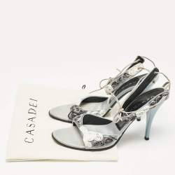 Casadei Grey Satin Floral Ankle Tie Up Sandals Size 38