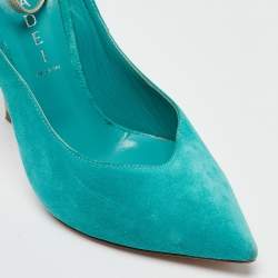Pre Owned Casadei Blue Suede Pointed Toe Ankle Strap Pumps Size 37.5