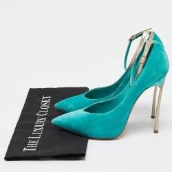 Pre Owned Casadei Blue Suede Pointed Toe Ankle Strap Pumps Size 37.5