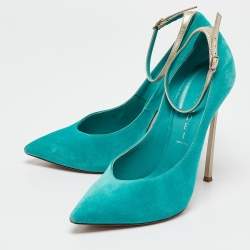 Pre Owned Casadei Blue Suede Pointed Toe Ankle Strap Pumps Size 37.5
