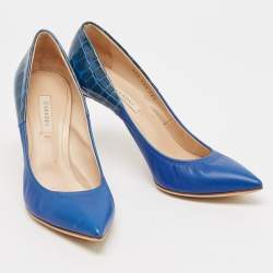 Casadei Blue Croc Embossed Patent Leather and Leather Pointed Toe Pumps Size 38.5