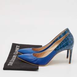 Casadei Blue Croc Embossed Patent Leather and Leather Pointed Toe Pumps Size 38.5