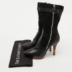 Casadei Black Suede and Leather Platform Ankle Length Boots Size 37.5