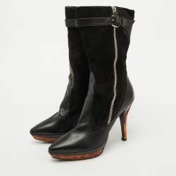 Casadei Black Suede and Leather Platform Ankle Length Boots Size 37.5