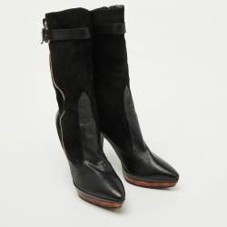 Casadei Black Suede and Leather Platform Ankle Length Boots Size 37.5
