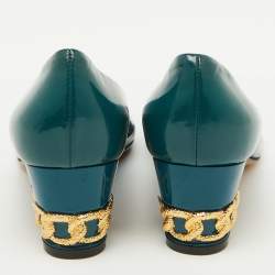 Casadei Teal Green Patent Leather Chain Block Heel Round Toe Pumps Size 38
