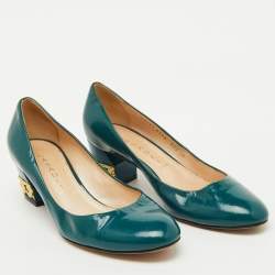 Casadei Teal Green Patent Leather Chain Block Heel Round Toe Pumps Size 38