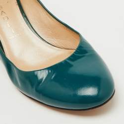 Casadei Teal Green Patent Leather Chain Block Heel Round Toe Pumps Size 38