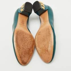 Casadei Teal Green Patent Leather Chain Block Heel Round Toe Pumps Size 38