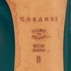 Casadei Teal Green Patent Leather Chain Block Heel Round Toe Pumps Size 38