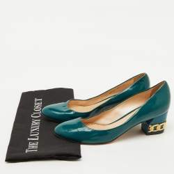 Casadei Teal Green Patent Leather Chain Block Heel Round Toe Pumps Size 38