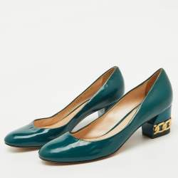 Casadei Teal Green Patent Leather Chain Block Heel Round Toe Pumps Size 38